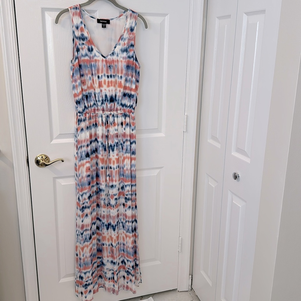 Like new Karen Kane coral/pink, white and blue maxi dress size S Made in the USA